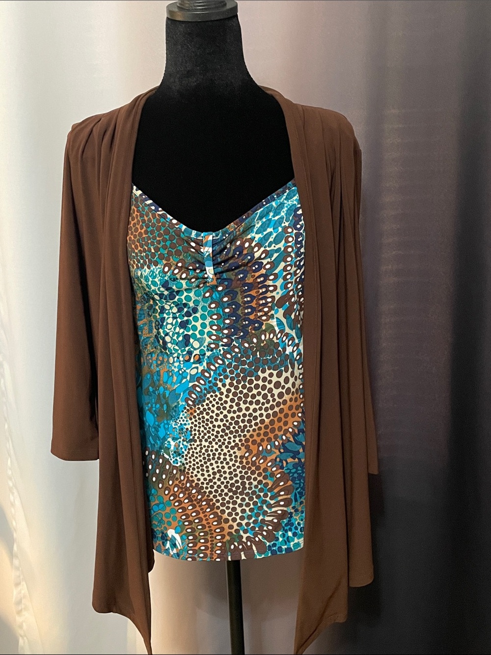 new directions Blue & Brown Printed Camisole with Brown Cardigan